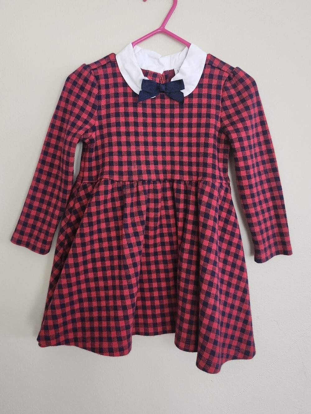 Girls Red & Black Plaid Collar Dress with Bow, 18-24M